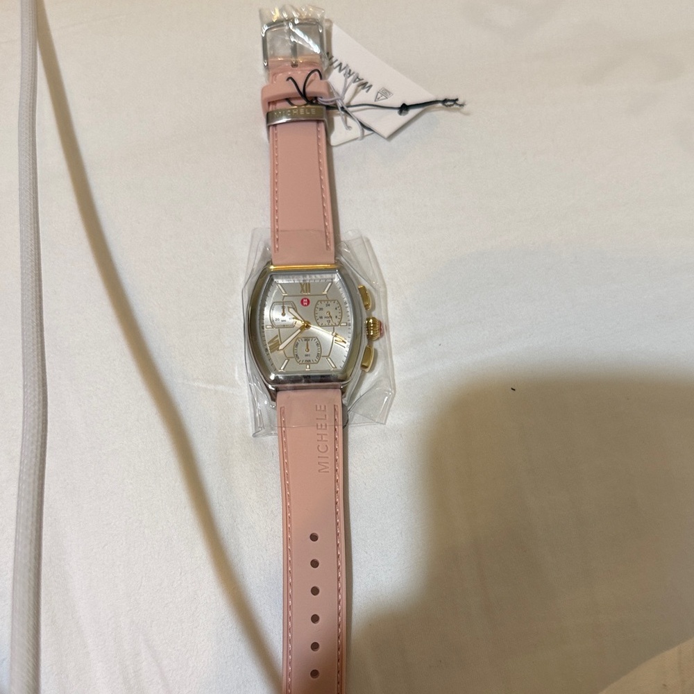 Michele Two-Tone Silver Dial Watch with Pink Leather Strap